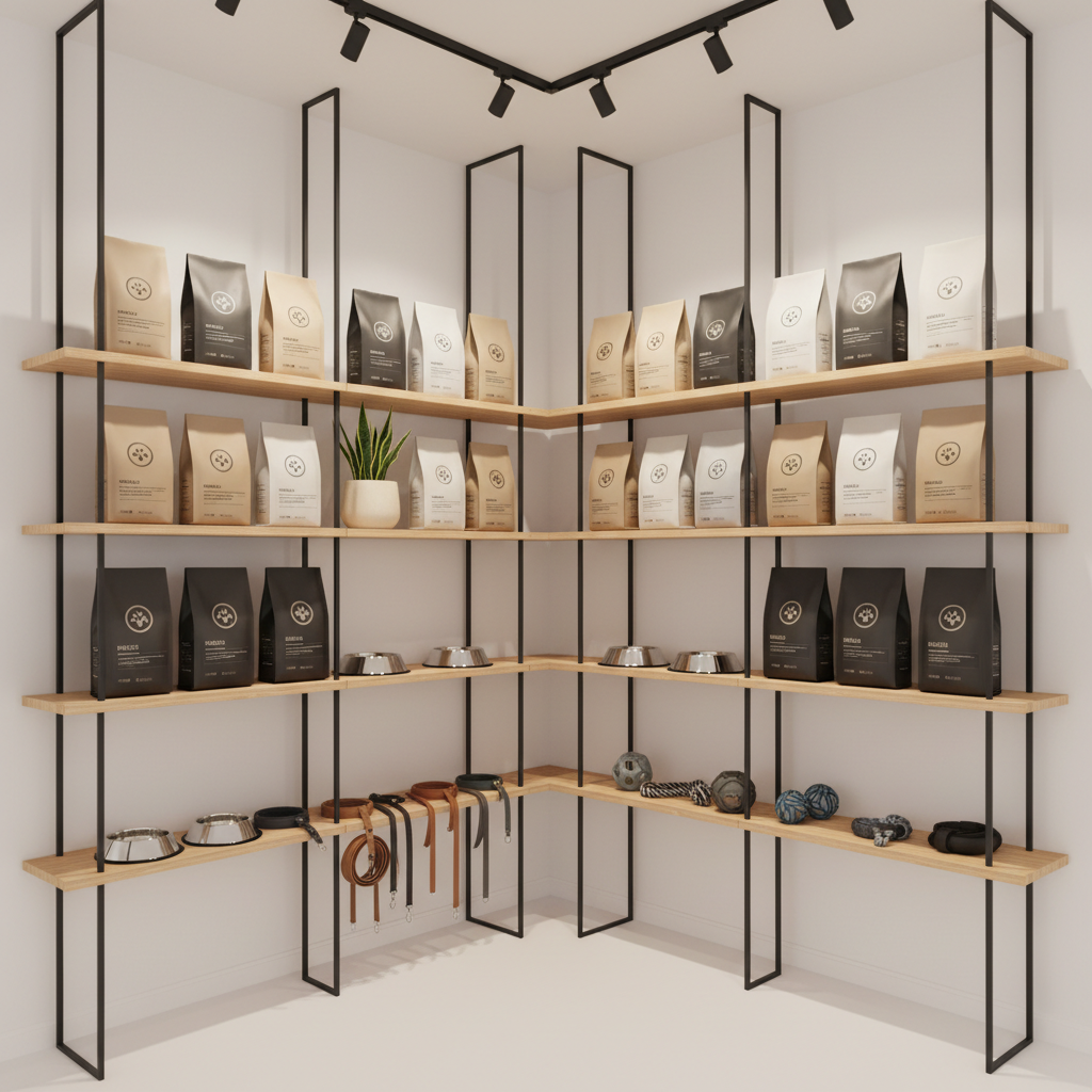 A sleek shelving wall in a contemporary pet store corner, featuring carefully arranged premium pet food bags in neutral matte packaging, stainless-steel bowls, minimalist leashes, and durable toys in muted blues and grays. Each product is aligned with precise spacing on light wood shelves supported by thin black metal frames. A single potted green plant adds a subtle organic touch without clutter. Soft overhead track lighting with warm-white bulbs creates controlled highlights on packaging textures and casts faint, orderly shadows on the white wall behind. Shot straight-on with a symmetrical, corporate composition and photographic realism, the mood is professional, curated, and trustworthy, showcasing PetCare Plus’s selection of quality foods, accessories, and toys.