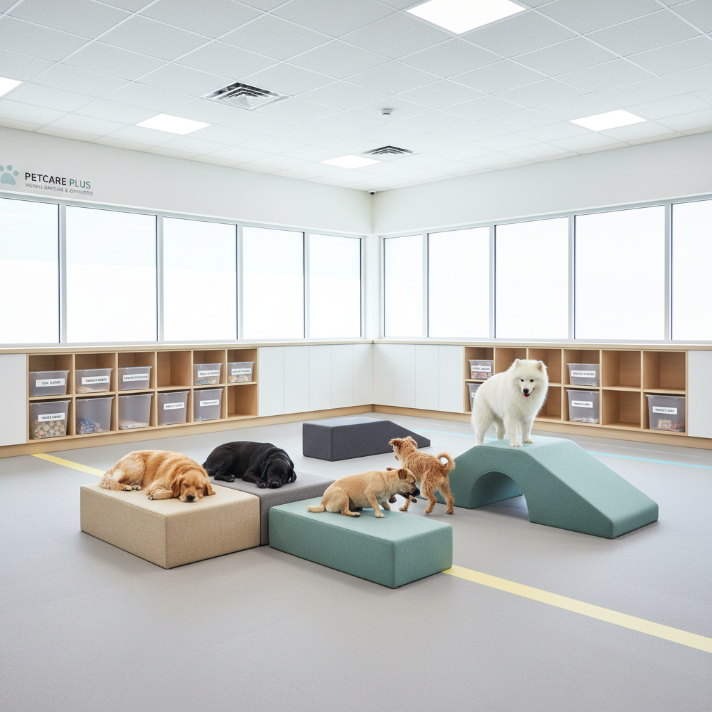 A bright indoor playroom for pets with a few dogs of different sizes resting and playing on low, modular foam blocks in shades of beige, slate, and muted teal. The floor is covered with a smooth, light gray rubber surface marked with subtle zoning lines for daycare areas. Along the wall, minimalist cubbies hold labeled storage bins for toys, leashes, and accessories. Large frosted windows diffuse natural daylight, creating a soft, even glow with minimal contrast. The space feels controlled and secure, with clean architectural lines and balanced composition. Photographic realism, wide-angle view, and sharp focus emphasize structure and organization, perfectly representing PetCare Plus’s hourly daycare and indoor activity services.