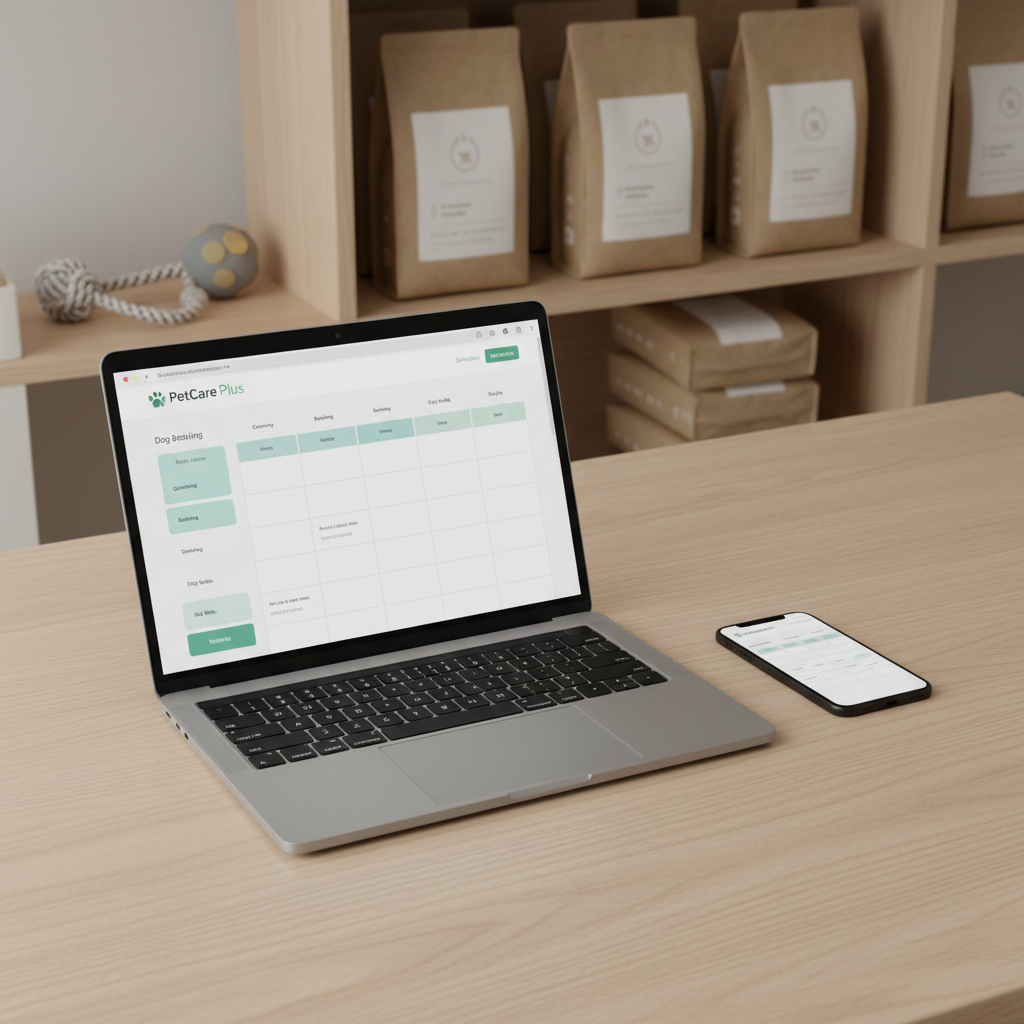 A tidy digital workspace featuring an open laptop on a pale oak desk, its screen displaying a clean, minimalist PetCare Plus online booking interface with clear time slots for grooming, bathing, and walks. A slim smartphone lies beside it, also showing the synchronized appointment calendar. The background includes an organized shelf with neatly stacked pet food bags in neutral packaging and a few understated toys. Soft, indirect daylight from the left creates even, studio-like illumination with minimal reflections. The mood is efficient and corporate yet pet-friendly. Shot from a slightly elevated angle with balanced composition and photographic realism, emphasizing clarity, clean lines, and the ease of managing pet services online.