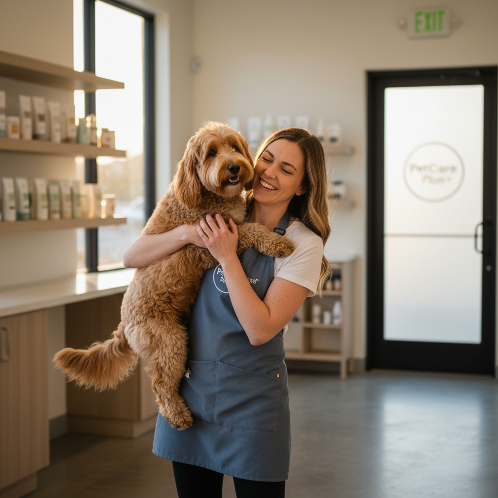 Warm, candid portrait of a smiling pet owner in a modern grooming salon, gently hugging a medium-sized friendly dog. Soft neutral background, natural light, clear sense of affection and connection between human and dog. Corporate, clean style matching the PetCare Plus brand.