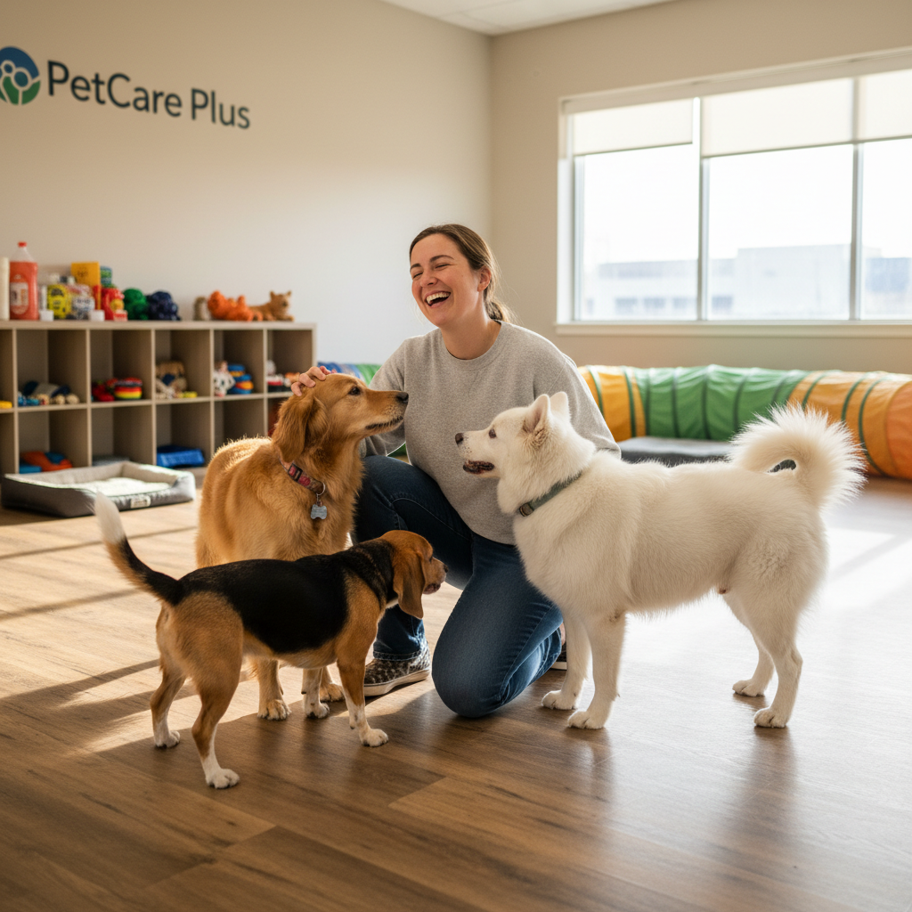 Happy pet parent kneeling on the floor of a bright daycare room, surrounded by two or three playful dogs. The person is laughing while gently petting one of the dogs, with soft neutral walls and PetCare Plus-style organized play equipment in the background. Warm, candid, and affectionate atmosphere.