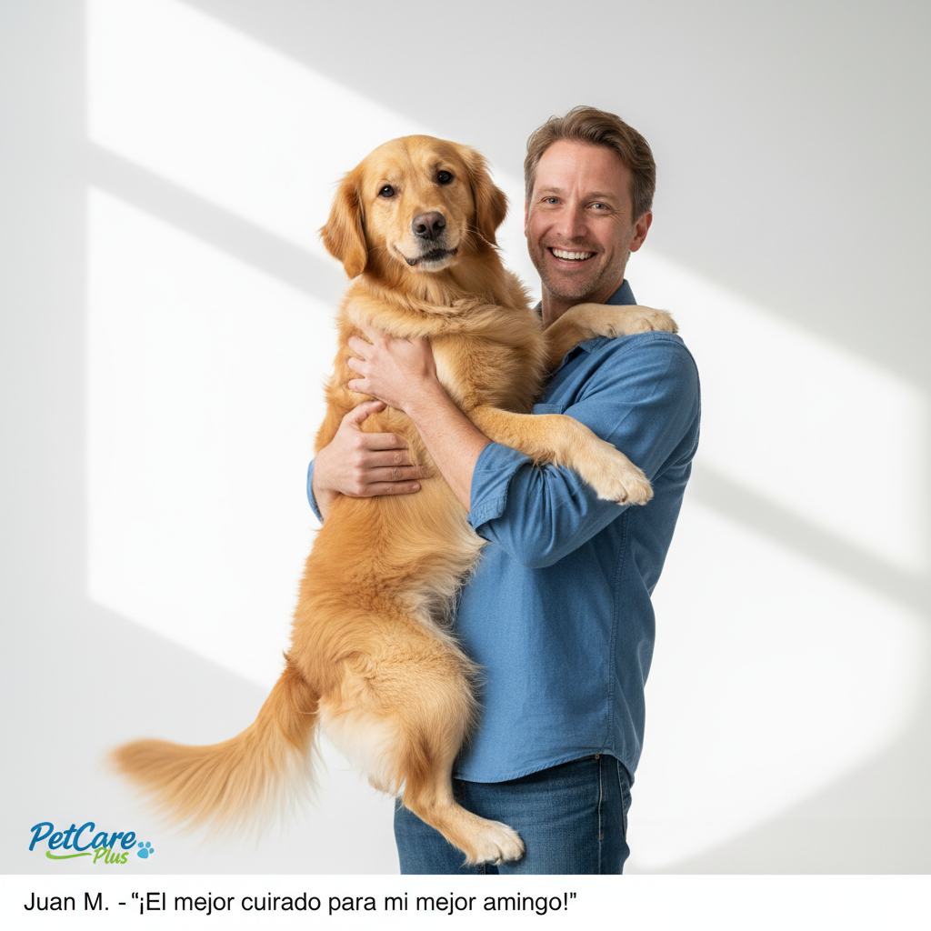 Foto amigable de un hombre sonriente abrazando a su perro, fondo claro, estilo fotografía contemporánea para una reseña de cliente en PetCare Plus.