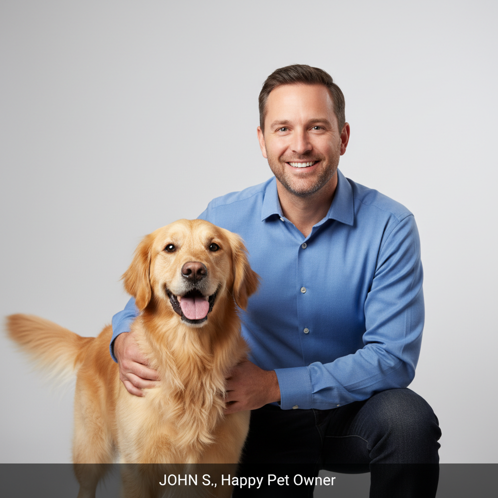 Una foto amigable de un hombre sonriente junto a su perro, ideal para testimonio de cliente en página web de servicios para mascotas, fondo neutro y aspecto profesional.